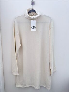 Zara Cream Turtleneck Knit Sweater DressNWT Size L Oversized Neutral Minimalist